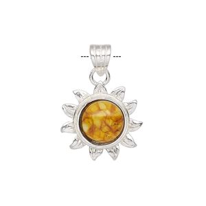 Pendant, amber (assembled) and sterling silver, 27x19mm sunflower with 10mm round. Sold individually.
