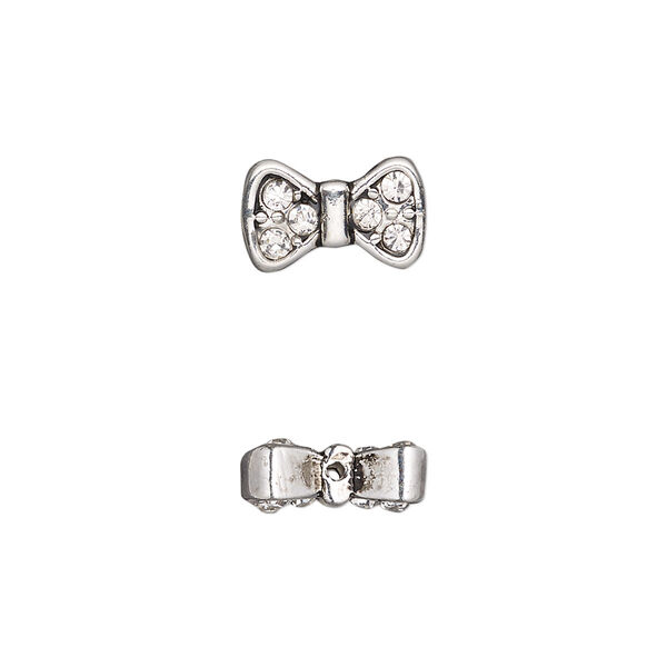 Bead, glass rhinestone and antique silver-finished "pewter" (zinc-based alloy), clear, 12x7.5mm bow. Sold per pkg of 2. image number 0