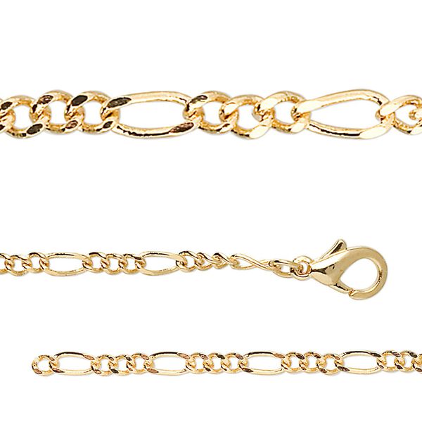 Chain, gold-finished brass, 2.7mm Figaro, 18 inches with 1-inch extender chain and lobster claw clasp. Sold per pkg of 2. image number 0