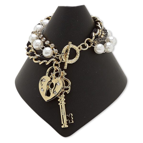 Bracelet, acrylic / glass rhinestone / velveteen / gunmetal- / gold-finished steel / "pewter" (zinc-based alloy), black / clear / white, 6 inches with toggle clasp. Sold individually. image number 0
