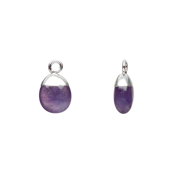 Drop, silver-plated copper / amethyst (natural) / sterling silver, 10x8mm hand-cut puffed oval. Sold individually. image number 0