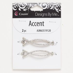 "Pewter" (zinc-based alloy) / glass rhinestone 1pkg2, curved Christian fish focal silver-finish / clear 42x13mm