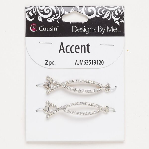 "Pewter" (zinc-based alloy) / glass rhinestone 1pkg2, curved Christian fish focal silver-finish / clear 42x13mm image number 0