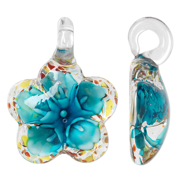 Pendant, lampworked glass, light blue and multicolored with flower and copper-colored foil, 45x34mm single-sided domed flower. Sold individually. image number 0