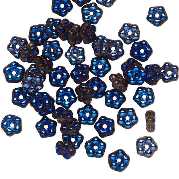 Bead, Preciosa, Czech pressed glass, opaque metallic indigo, 5x2mm forget-me-not flower. Sold per pkg of 50. image number 0