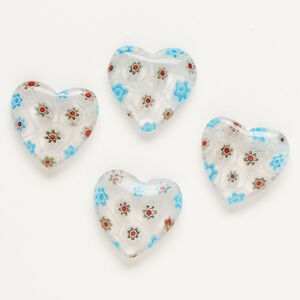 Bead, millefiori glass, clear / translucent sky blue / multicolored, 19-20mm half-drilled puffed heart. Sold per pkg of 4.