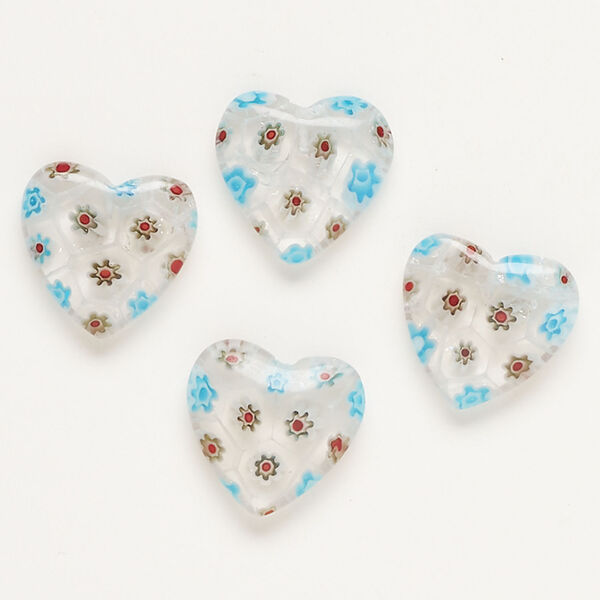 Bead, millefiori glass, clear / translucent sky blue / multicolored, 19-20mm half-drilled puffed heart. Sold per pkg of 4. image number 0