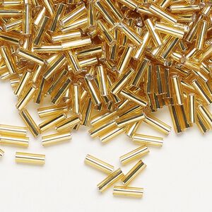 Bugle bead, Dyna-Mites™, glass, silver-lined transparent metallic gold, #3. Sold per 35-gram pkg.