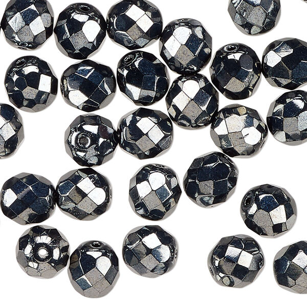 Bead, Czech fire-polished glass, hematite, 8mm faceted round. Sold per pkg of 600 (1/2 mass). image number 0