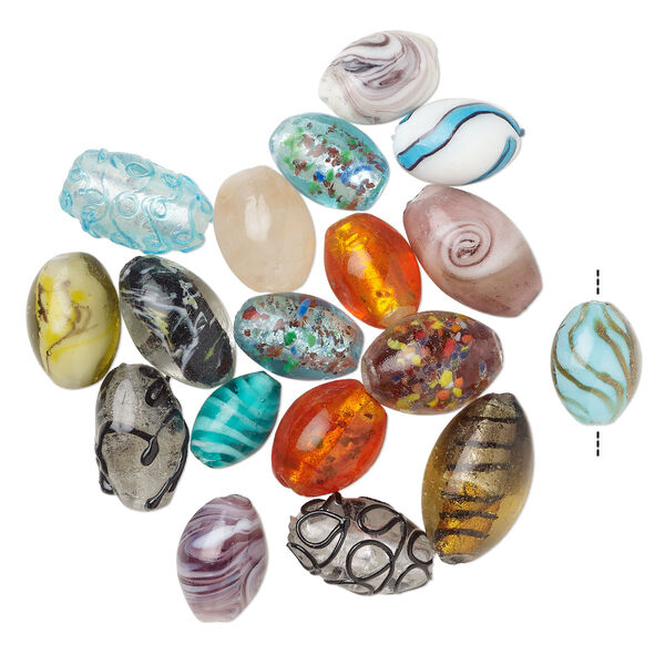 Bead mix, lampworked glass, pkg/4 ounces, opaque to transparent mixed colors with silver-colored foil and copper-colored glitter, 17x13mm-31x19mm oval. image number 0