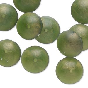 Cabochon, acrylic, frosted marbled translucent gold and green, 14mm half-drilled non-calibrated round. Sold per pkg of 10.