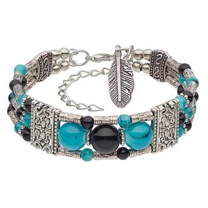 Bracelet, 3-strand, glass with antique silver-plated steel and "pewter" (zinc-based alloy), blue and black, 17mm wide with 24x8mm feather dangle, 6-1/2 inches with 2-inch extender chain and lobster claw clasp. Sold individually.