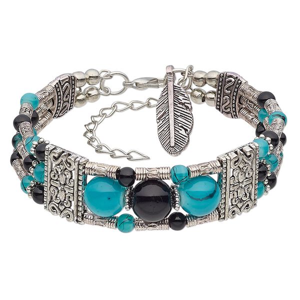 Bracelet, 3-strand, glass with antique silver-plated steel and "pewter" (zinc-based alloy), blue and black, 17mm wide with 24x8mm feather dangle, 6-1/2 inches with 2-inch extender chain and lobster claw clasp. Sold individually. image number 0