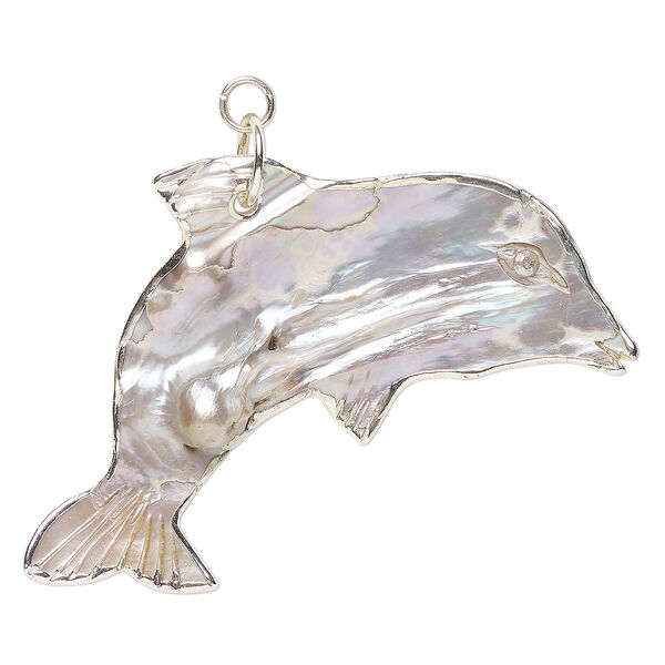Focal, mother-of-pearl and silver-finished "pewter" (zinc-based alloy) (natural), 68x45mm single-sided dolphin, Mohs hardness 3-1/2. Sold individually. image number 0