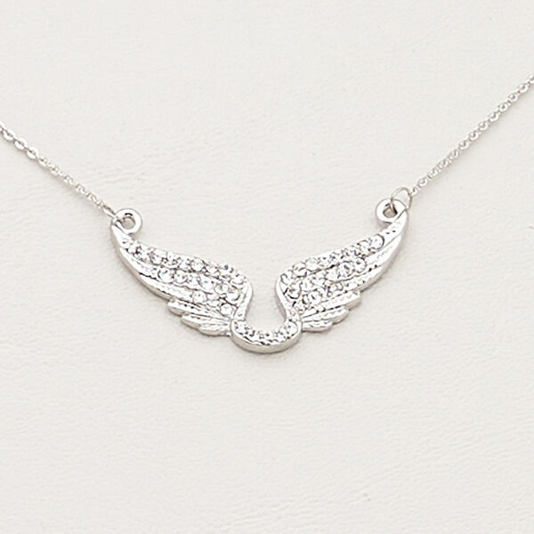 Necklace, Czech glass rhinestone / imitation rhodium-finished steel / brass / "pewter" (zinc-based alloy), clear, 36x16mm wings, 18 inches with 2-inch extender chain and lobster claw clasp. Sold individually. image number 0
