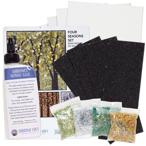 Sabrina Frey Bead Mosaic™ Starter Kit, glass / medium-density fiberboard / glue, pkg/1, multicolored, (4) 6x6 inches with "Four Seasons" design. image number 1