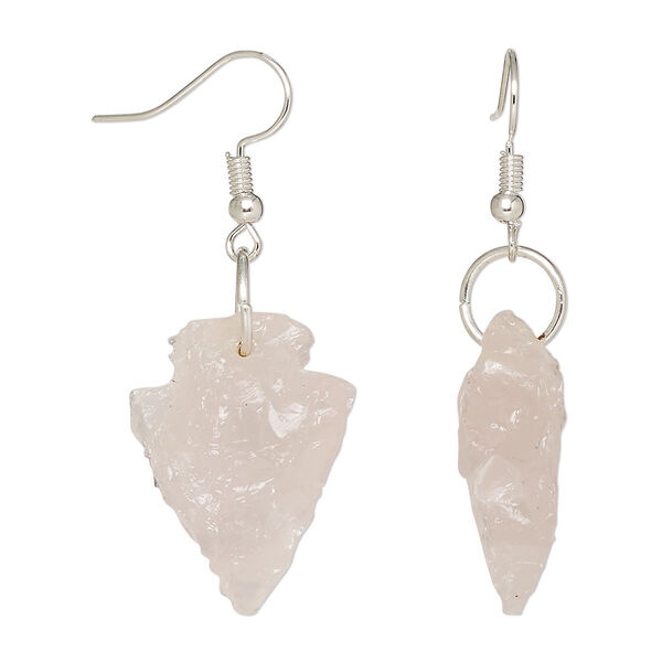 Earring, Everyday Jewelry, rose quartz and silver-finished brass, 25x14-35x20mm hand-knapped arrowhead with fishhook ear wire. Sold per pair. image number 0