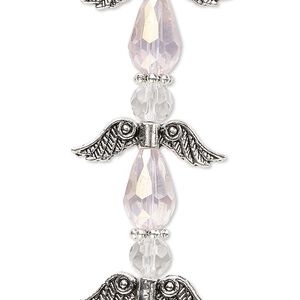 Bead, crystal and antique silver-plated "pewter" (zinc-based alloy), translucent pink AB and clear, 23mm angel. Sold per pkg of 4.