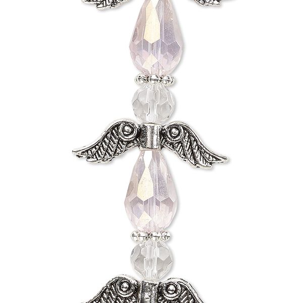 Bead, crystal and antique silver-plated "pewter" (zinc-based alloy), translucent pink AB and clear, 23mm angel. Sold per pkg of 4. image number 0