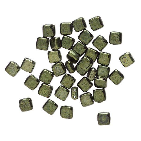 Bead, Preciosa, Czech pressed glass, opaque dark olive luster, 6x6mm flat square with (2) 0.7mm holes. Sold per pkg of 40. image number 0