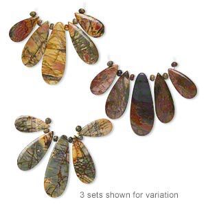 Red creek jasper 5pkg, hand-cut satin-finish teardrop focal graduated 33x16mm-59x22mm
