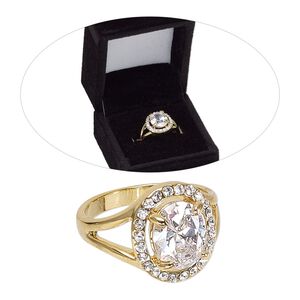 Ring, cubic zirconia and gold-finished brass, clear, 14.5mm oval, size 8. Sold individually.