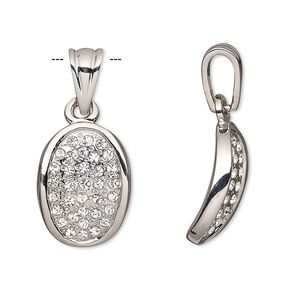 Pendant, cubic zirconia and silver-plated pewter (tin-based alloy), clear, 18x14mm curved oval. Sold individually.