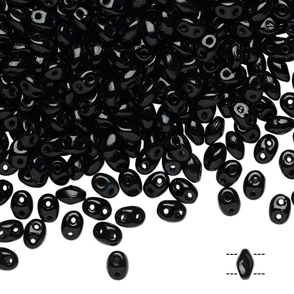 Bead, Preciosa Twin™, Pressed Twin, Czech pressed glass, black, 5x2.5mm oval with 2 holes. Sold per 10-gram pkg. image number 0