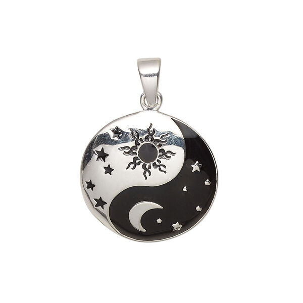 Pendant, sterling silver and enamel, black, 20mm single-sided domed round with yin-yang and celestial designs. Sold individually. image number 0