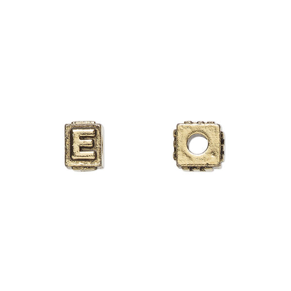 Bead, antique gold-plated pewter (tin-based alloy), 8x6mm rectangle with alphabet letter "E." Sold per pkg of 4. image number 0