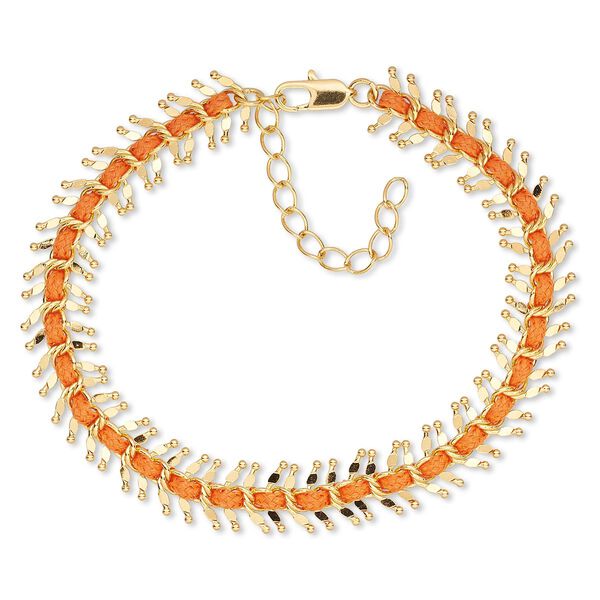 Bracelet, waxed cotton / gold-finished brass / steel, orange, 10mm wide, 7-1/2 inches with 2-inch extender chain and lobster claw clasp. Sold individually. image number 0