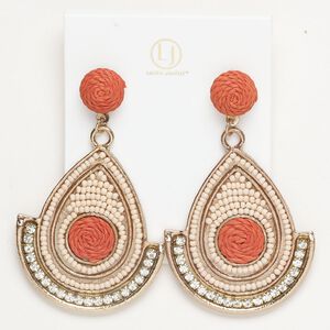 Earring 1pkg2 acrylic / glass / paper / gold-finished brass and stainless steel, orange / peach / clear, 2-1/2 inches with beading and fan fringe with earstud, 1 pair.