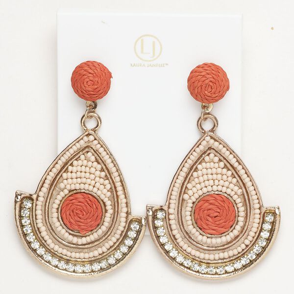 Earring 1pkg2 acrylic / glass / paper / gold-finished brass and stainless steel, orange / peach / clear, 2-1/2 inches with beading and fan fringe with earstud, 1 pair. image number 0
