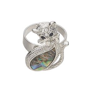 Ring 1pkg1 brass / paua shell / glass rhinestone, 32x21mm cat, natural silver finish / black / clear