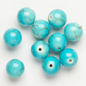 Bead, acrylic 1pkg10, turquoise blue and gold, 24mm round.