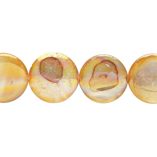 Bead, mother-of-pearl shell (dyed), orange AB, 14mm puffed flat round with 0.6-0.8mm hole, Mohs hardness 3-1/2. Sold per 15-inch strand. image number 0