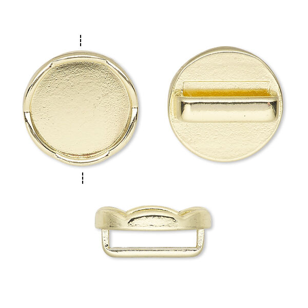 Slide, gold-finished "pewter" (zinc-based alloy), 17mm round with scalloped edge and 14mm round setting, 12.5x2.5mm hole. Sold per pkg of 6. image number 0