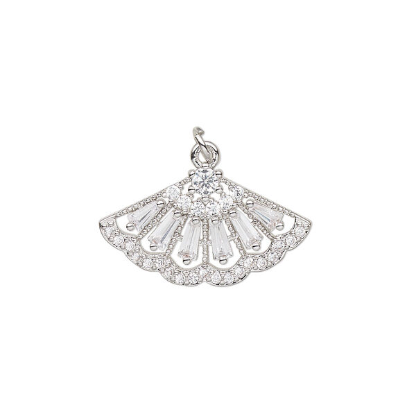 Drop, cubic zirconia and imitation rhodium-plated brass, clear, 22.5x13mm single-sided fan. Sold individually. image number 0