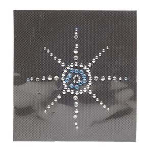 Transfer, crystal / aluminum / adhesive, pkg/1, 3.5-inch iron-on sun, silver / clear / blue AB.