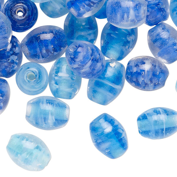 Bead mix, glass, translucent cobalt blue and aqua blue, 10x8-11x9mm oval. Sold per 2-ounce pkg, approximately 50 beads. image number 0