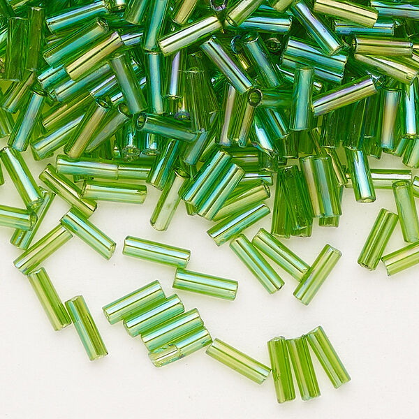 Bead, Preciosa Ornela Czech glass, bugle bead, pkg/50g, 1/4 inch, rainbow translucent lime green, (51430). image number 0