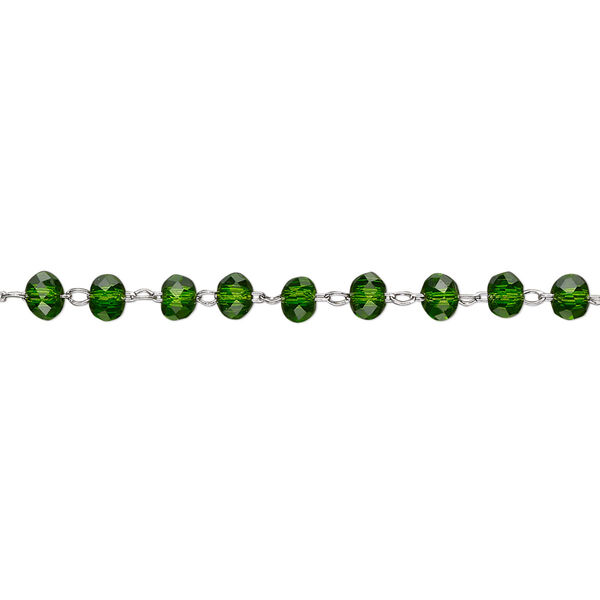 Chain, glass and stainless steel, emerald green, 3.5mm faceted rondelle. Sold per pkg of 1 yard. image number 0