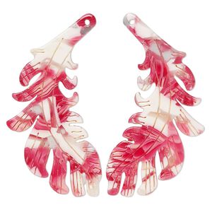 Focal, resin, pink / red / white, 46x25mm single-sided left and right-facing carved feather. Sold per pair.