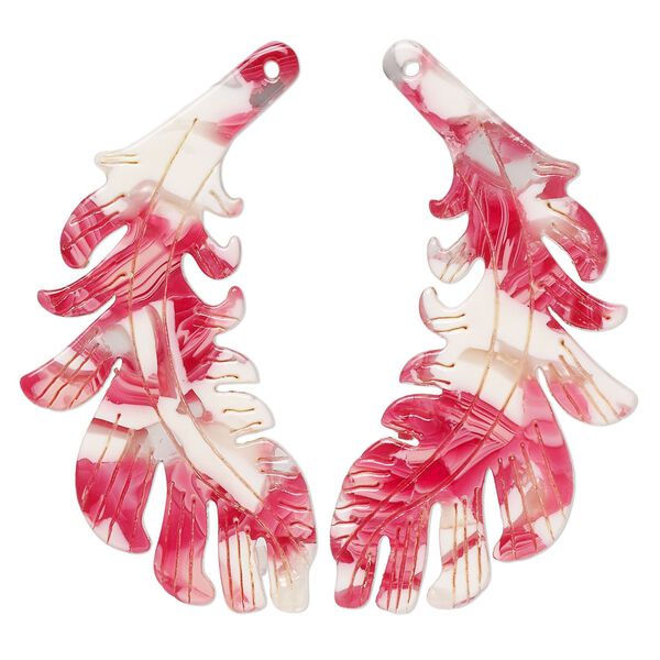 Focal, resin, pink / red / white, 46x25mm single-sided left and right-facing carved feather. Sold per pair. image number 0