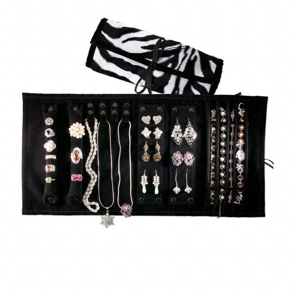 Jewelry roll, polyester and leatherette, zebra print with ribbon tie, 19 x 9-1/2 inches, 9-1/2 x 6 inches folded. Sold individually. image number 0