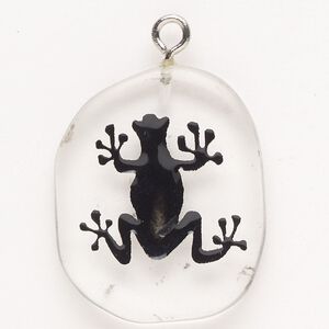 Focal, steel/glass/enamel, pkg/1, silver finish/clear/black, 30x24mm-39x27mm single-sided puffed freeform with frog.