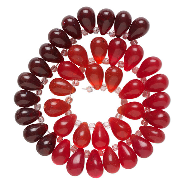 Bead, glass, transparent red, dark red and orange, 16x10mm top-drilled teardrop with irregular rondelles. Sold per 14-inch strand. image number 0