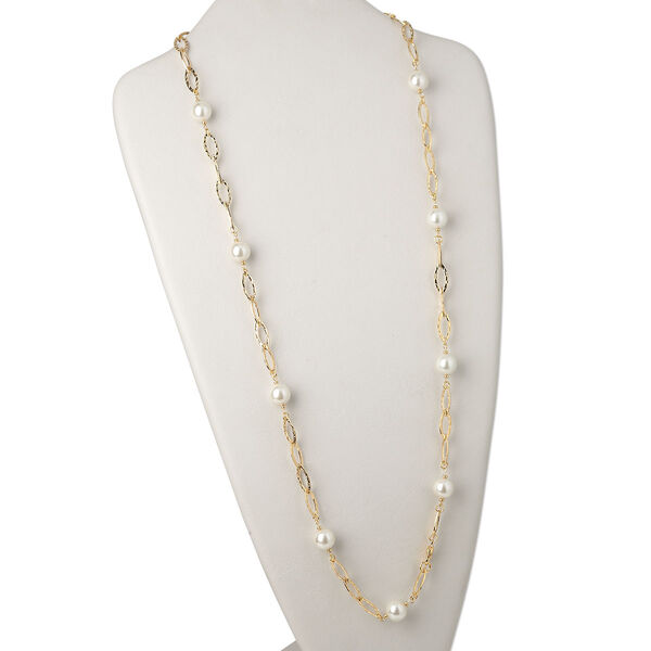 Necklace, glass and gold-plated brass, white, marquise link, 34 inches with lobster claw clasp. Sold individually. image number 0