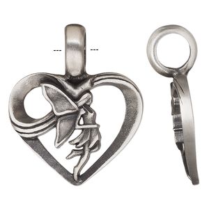 Pendant, antique pewter (tin-based alloy), 34.5x28mm single-sided open heart with fairy. Sold individually.