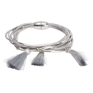Bracelet, 10-strand, nylon / waxed cotton cord / silver-finished "pewter" (zinc-based alloy) / steel, 7.5mm wide with tassels, 7 inches with magnetic closure. Sold individually.